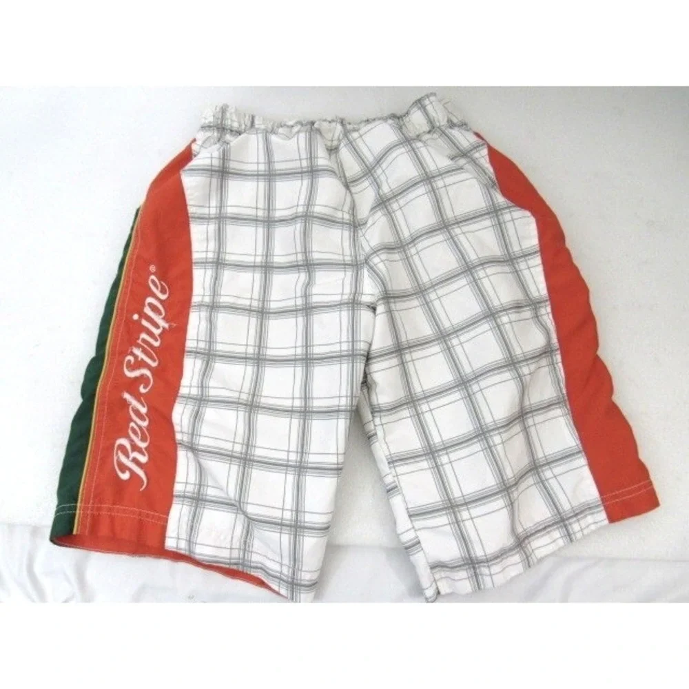 Red Stripe Board Swim Shorts Mens Size M 32-3436 White Orange Trunks Plaid